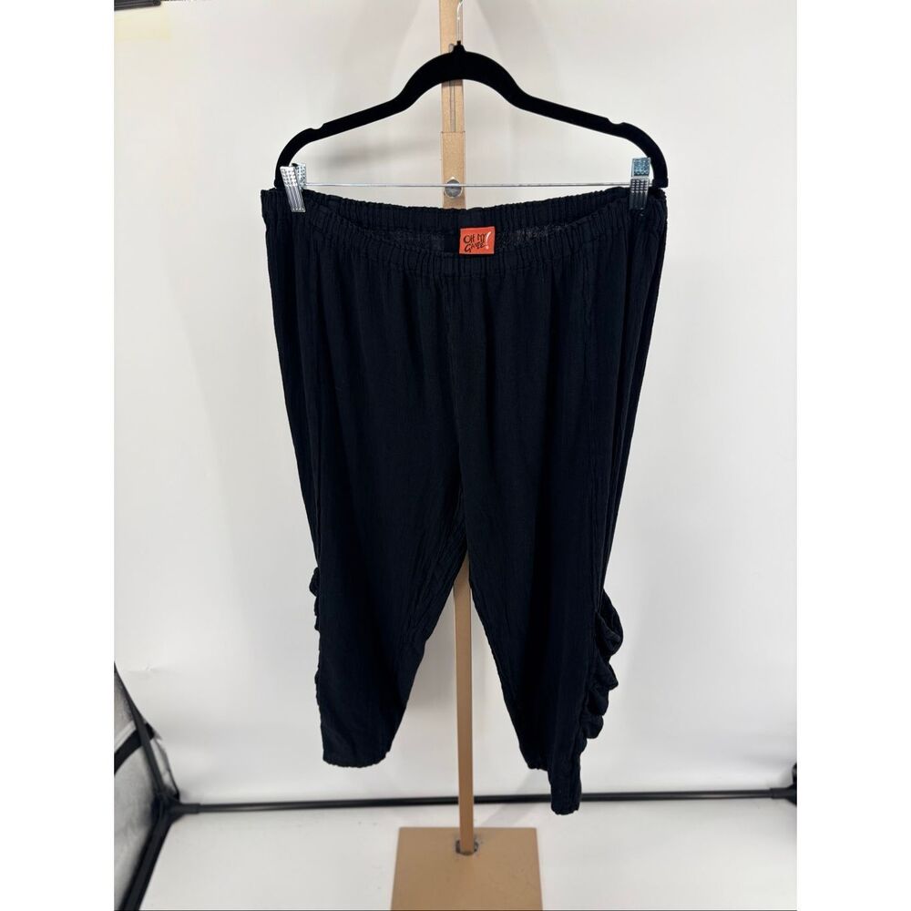 Oh My Gauze Cotton Cropped Pants Size 2 Black Ruched  Pocket Leg Elastic Waist